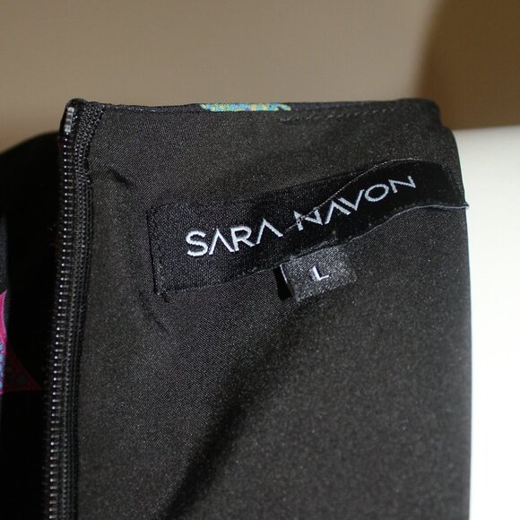 Sara Navon maxi dress black with geometric pattern 3/4 sleeves back zip sz Large - Picture 9 of 9